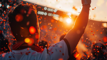 Celebrating a football match in a stadiumの素材