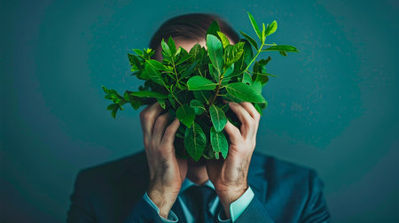 man in the suit with a green leaf in his handsの素材