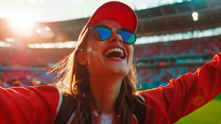 happy female fan celebrating at sports arenaの素材