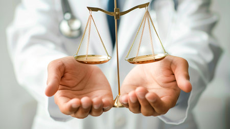 The doctor holds the scales of justice in his handsの素材