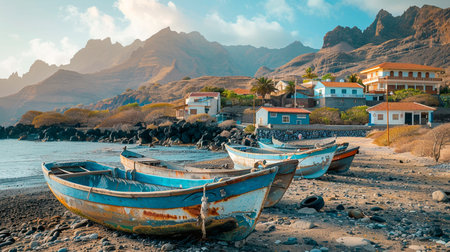 view of the old town of the Mediterranean and boats on the shoreの素材