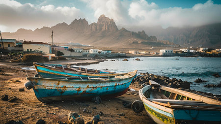 view of the old town of the Mediterranean and boats on the shoreの素材