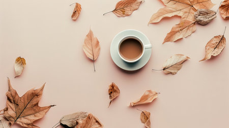 Flat lay composition with cup of coffee on table with autumn leavesの素材