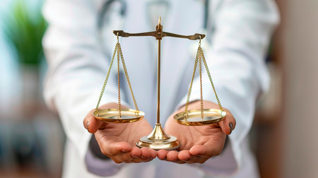 The doctor holds the scales of justice in his handsの素材