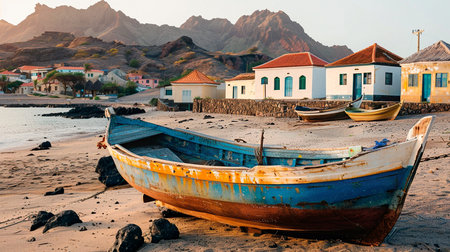 view of the old town of the Mediterranean and boats on the shoreの素材