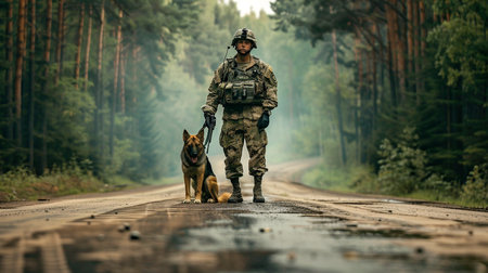 A soldier stands on a forest road with a dogの素材