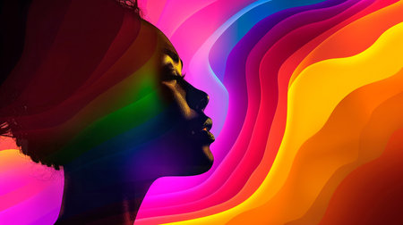 young girl in a colorful neon light on a red backgroundの素材