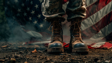 american soldier with military shoes, usa flagの素材