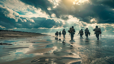 soldiers in uniform walking on the beachの素材