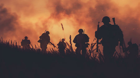 silhouette of soldiers in the fieldの素材