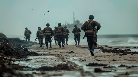 soldiers in uniform walking on the beachの素材