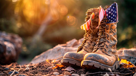 american soldier with military shoes, usa flagの素材