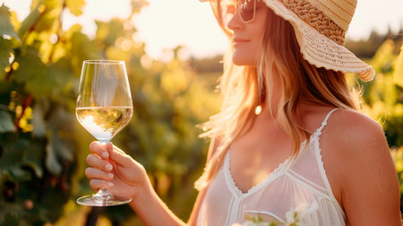 beautiful blonde woman in white dress with wine glass on a grape fieldの素材
