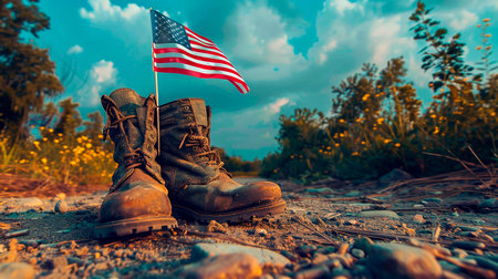 american soldier with military shoes, usa flagの素材