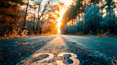 Asphalt road going into the sunsetの素材
