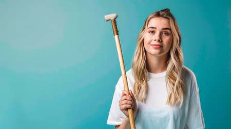 young woman standing in studio with stickの素材