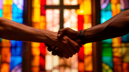 close up of hands of the young couple holding hands together, in church.の素材