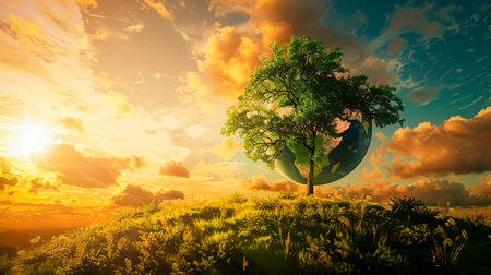 human hand holding green earth globe in nature.の素材