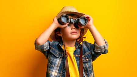 boy with binoculars in studioの素材