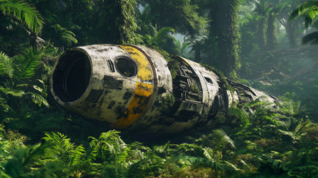 An old plane is overgrown with moss in the forestの素材