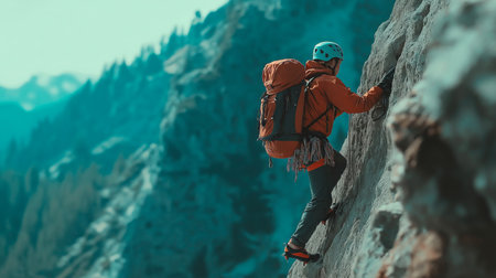 man with backpack climbing on the mountainの素材