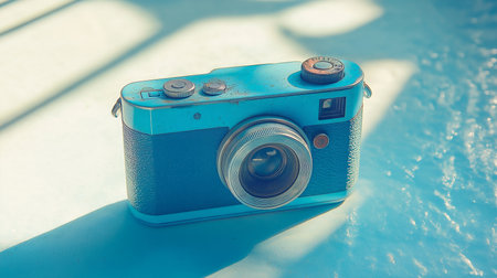 blue camera on the background of the old retro vintage styleの素材