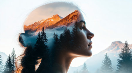 double exposure of a young and beautiful girl in a forest with a beautiful faceの素材