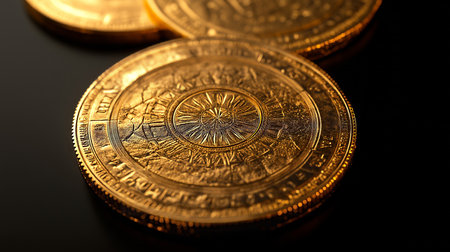 golden coins of a on a dark surfaceの素材