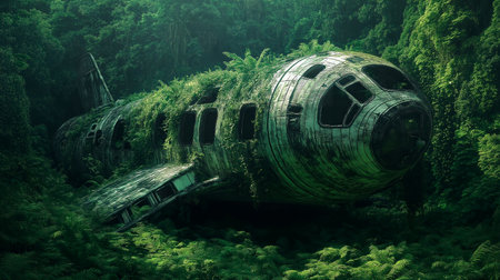 An old plane is overgrown with moss in the forestの素材