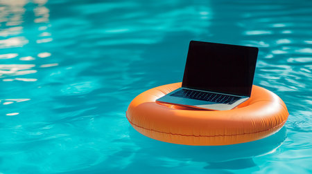 laptop with an inflatable ring on the pool.の素材