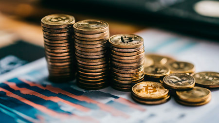 gold bitcoins on a stack of money. crypto currency concept.の素材