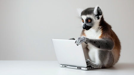 lemur sits in front of a laptopの素材