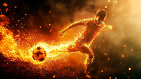 soccer football kicking in the stadium on a dark backgroundの素材