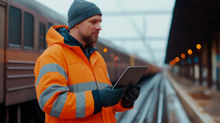 a man in a red jacket works at a train stationの素材