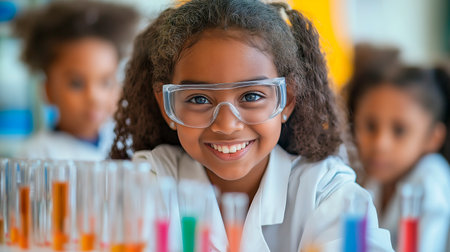 portrait of happy little african american girl in lab coat holding glass with chemical liquid in hands while standing in laboratoryの素材