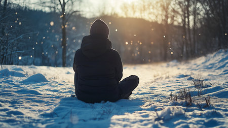 man sitting in winter snowy park.の素材