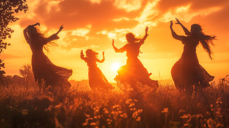 silhouette of girls dancing in a fieldの素材