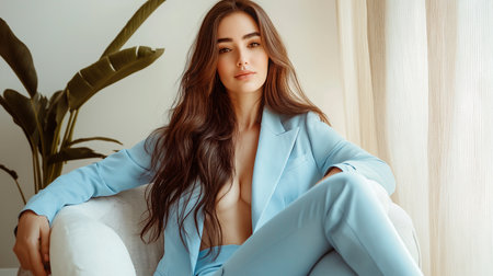 beautiful young brunette with long hair dressed in blue suit in luxury interiorの素材