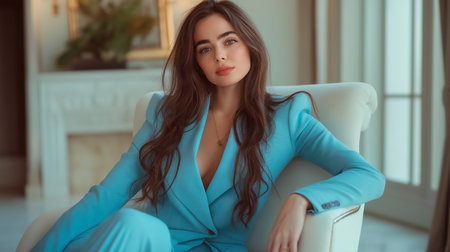 beautiful young brunette with long hair dressed in blue suit in luxury interiorの素材