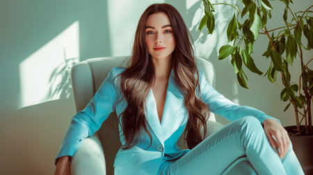 beautiful young brunette with long hair dressed in blue suit in luxury interiorの素材