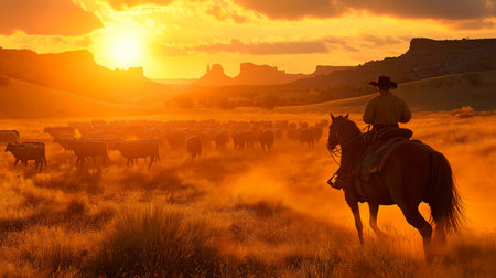 a cowboy with a horse in the desertの素材