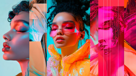 collage of beautiful woman with sunglasses and colorful lips on color backgroundの素材