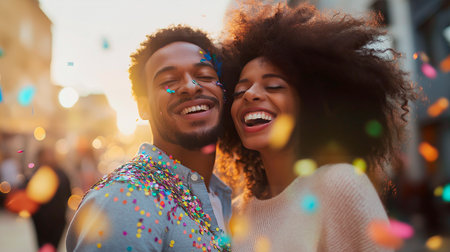 young happy couple in love celebrating with fireworks.の素材