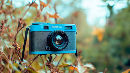 blue film camera on a blue backgroundの素材