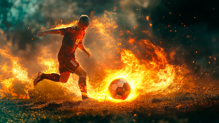 football player in fire. mixed mediaの素材