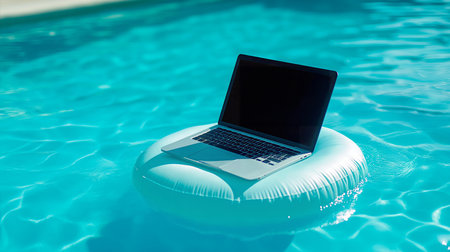 laptop with a white inflatable ring on the swimming pool.の素材