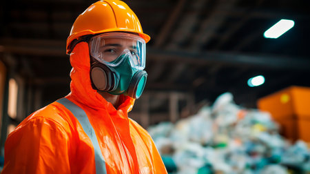 A man wearing a protective suit and mask at a waste recycling facilityの素材