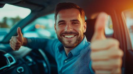 happy young bearded man sitting in car and showing thumb upの素材