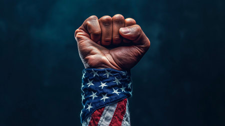 American flag on hand on wooden background.の素材