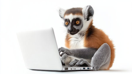 Illustration of a cute lemur in front of a laptopの素材